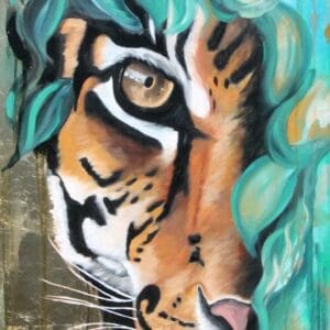 ציור שמן של עין נמר צבעונית בגווני טורקיז וזהב – ביטוי לעוצמה ושליטה עצמית | יצירה מקורית מאת חוה כהן | Eve Art