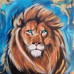 ציור של אריה בצבעי שמן בגווני כחול וזהב – יצירה מקורית מאת חוה כהן | Eve Art